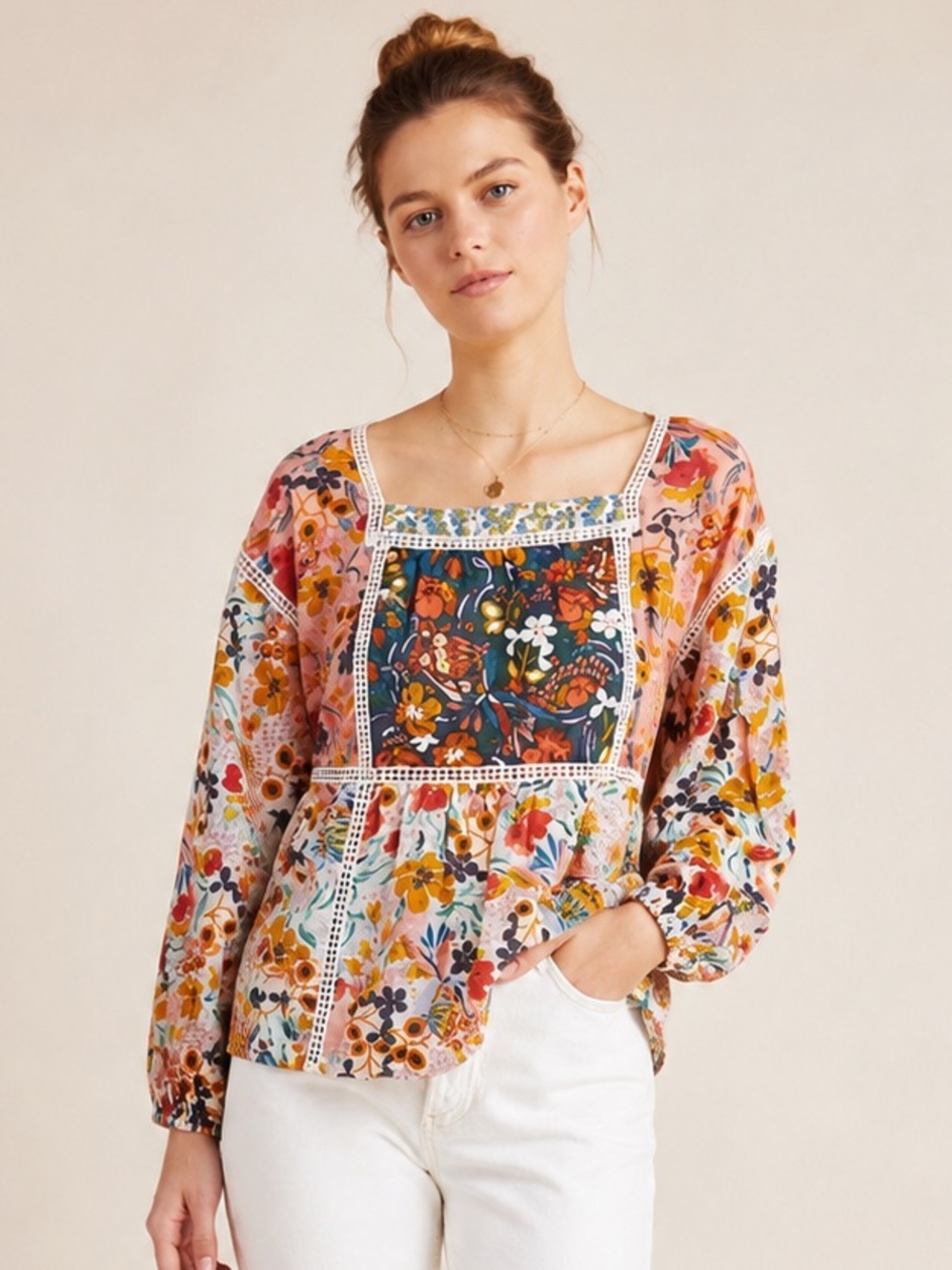 Anthropologie Maeve Nikki Floral Boho Peasant Blouse 100% Modal SMALL 70s NWOT